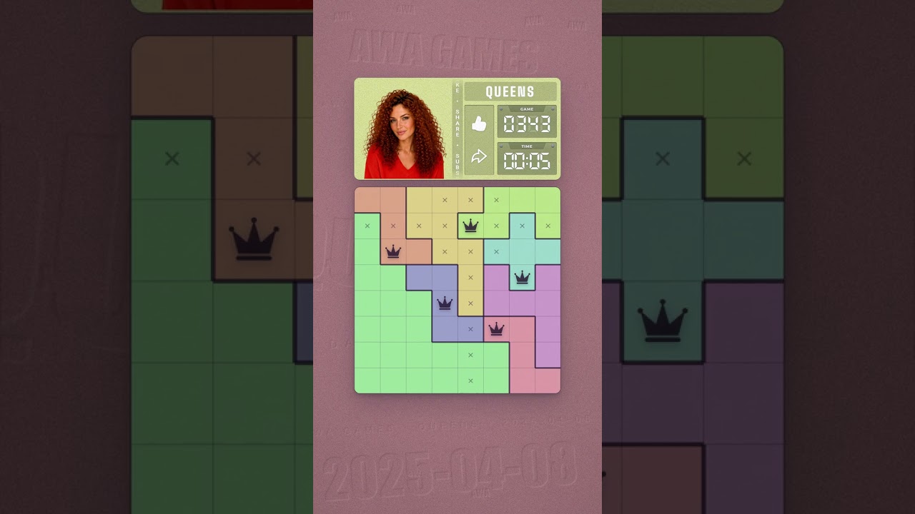 LinkedIn Queens #343 solved board for April 8, 2025, 8x8 grid