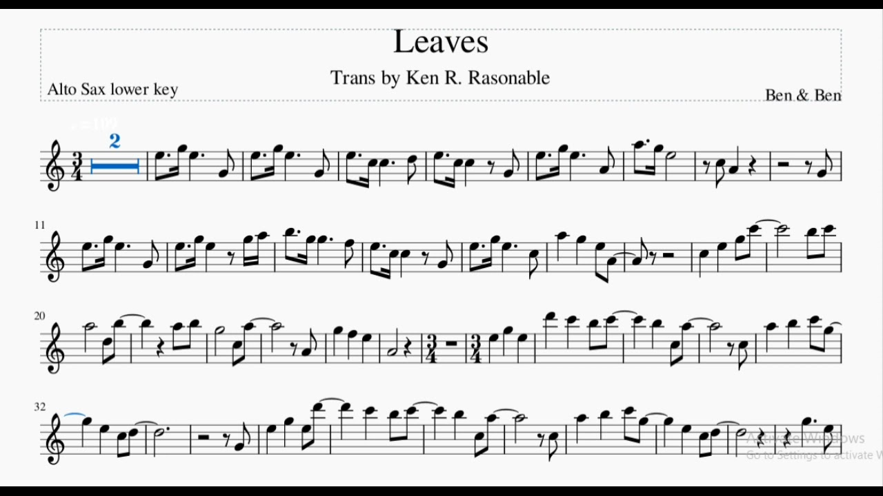 Leaves by Ben & Ben for Alto Sax (lower key) Music Sheet YouTube