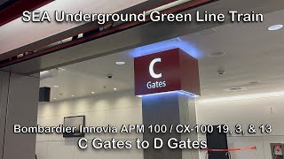 SEA Underground 3-Car Bombardier Innovia APM 100 / CX-100 Green Line Train C Gates to D Gates