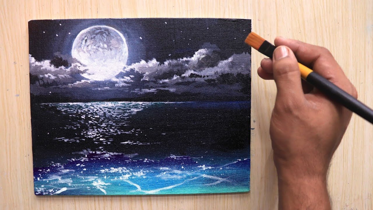 Acrylic painting of beautiful Moonlight night sky landscape step ...