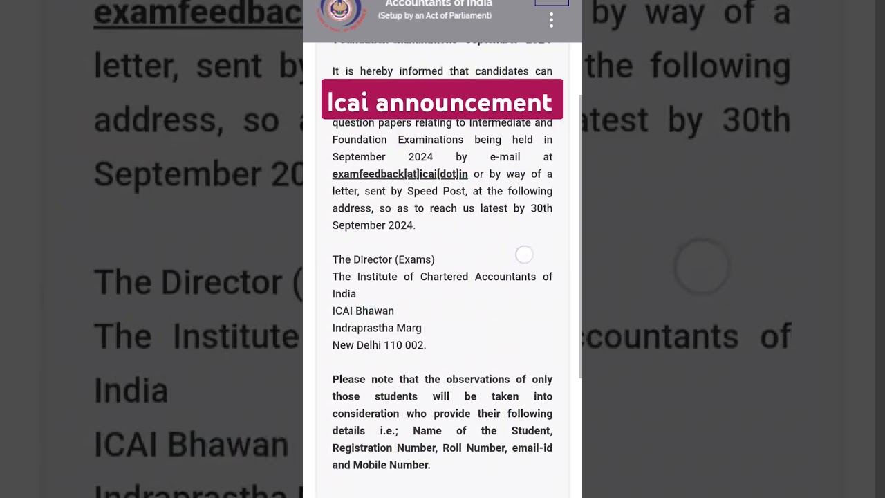 icai announcement | observation September 24 Exam | ca foundation | ca Intermediate 