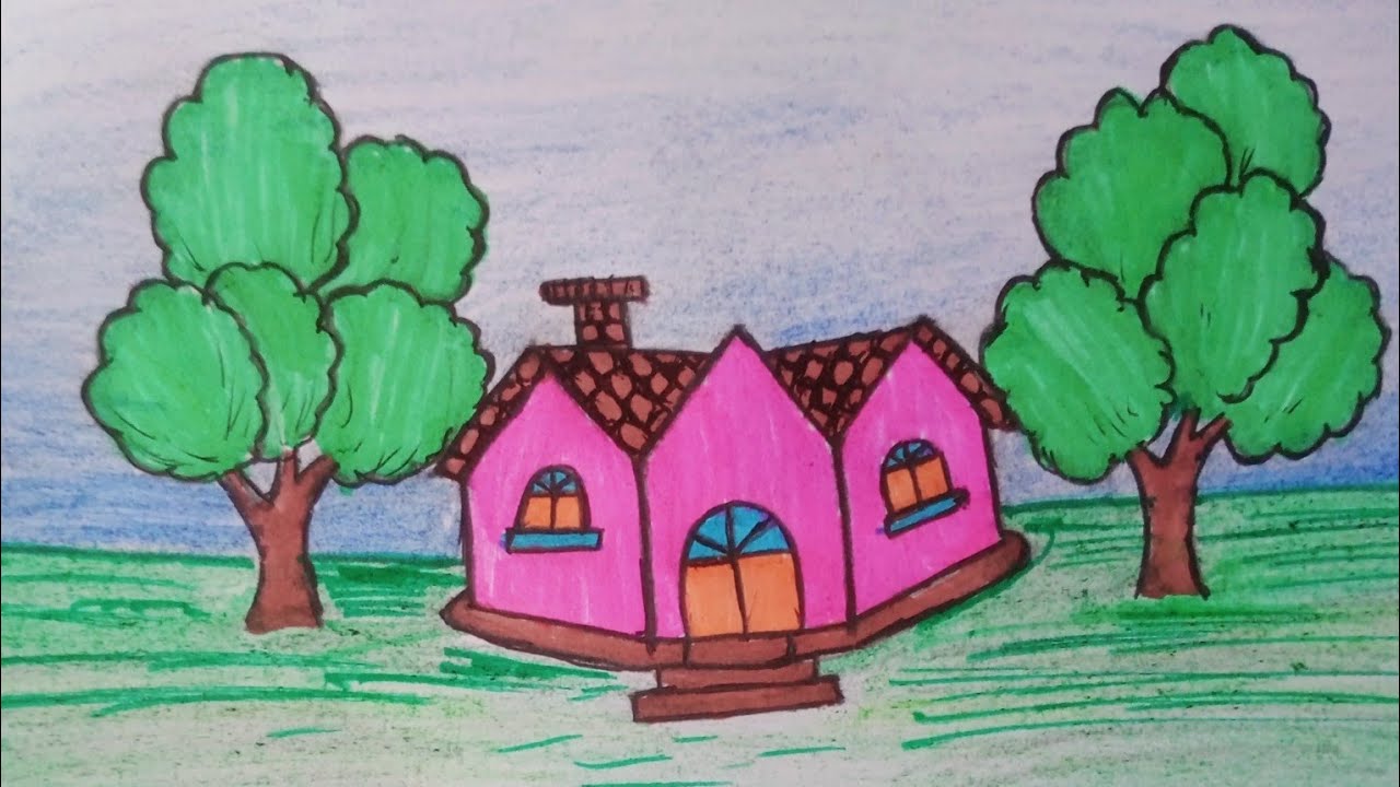 Beautiful house drawing || Use pencil and signature pen || colourful drawing 