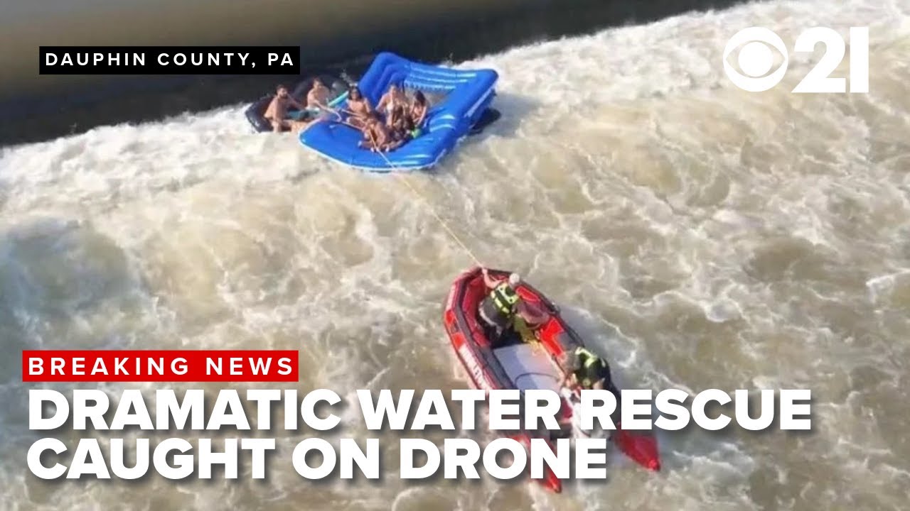 Drone shows water rescue of 9 tubers at low head dam in Hershey - YouTube