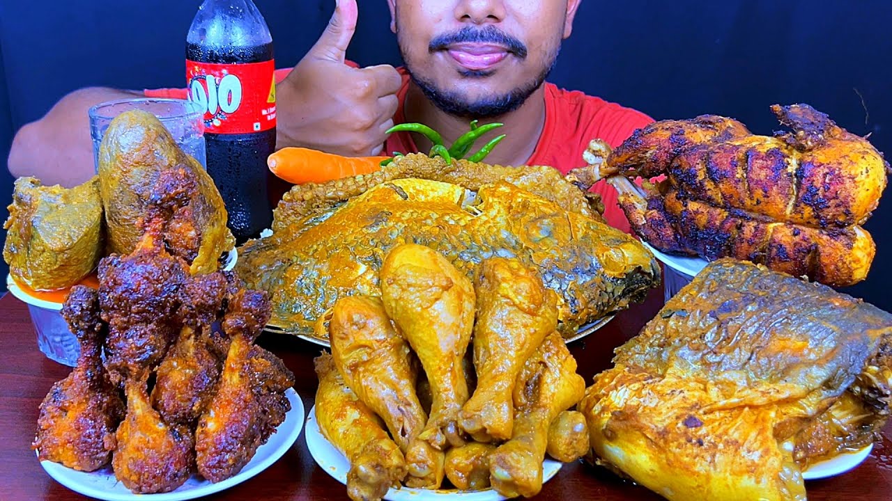 Eating Spicy Whole Fish Curry,Whole Chicken,Fish,Beef Heart,Chicken Lolopop With Rice || Asmr Show