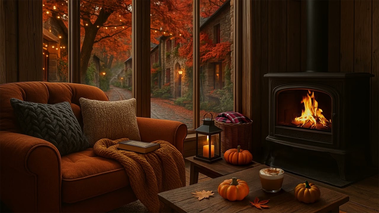 Cozy Autumn Reading Nook Ambience | Crackling Fireplace & Peaceful Town Views for Relaxation
