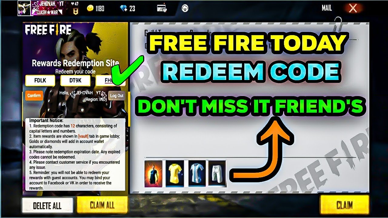FREE FIRE REDEEM CODE TODAY / FF  6 AND 7 JULY REDEEM CODE / CORONO JERSEY FREE REWARD DON'T MISS IT