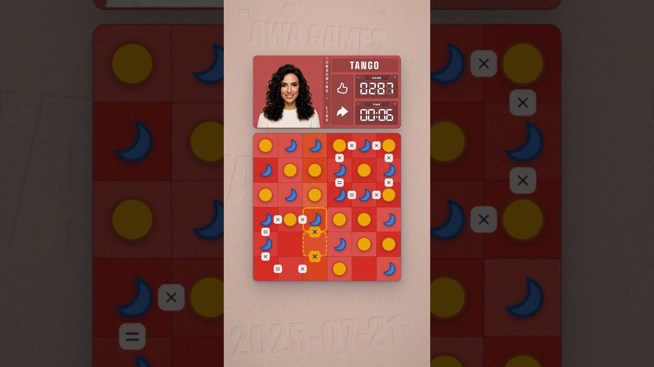 LinkedIn Tango #287 solved board for July 21, 2025, 6x6 grid