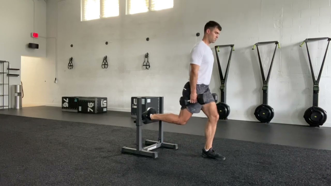 Rear foot elevated split squat 2 dumbbells - YouTube