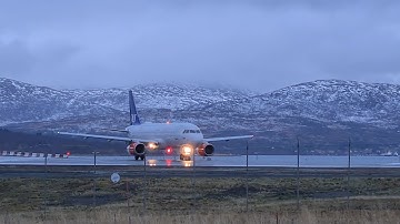 SAS A320-232 takeoff roll at Tromsø Langnes ENTC