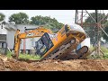 Jcb 215 excavator digs out mobile tower foundation and breaks separates concrete bar gives level it