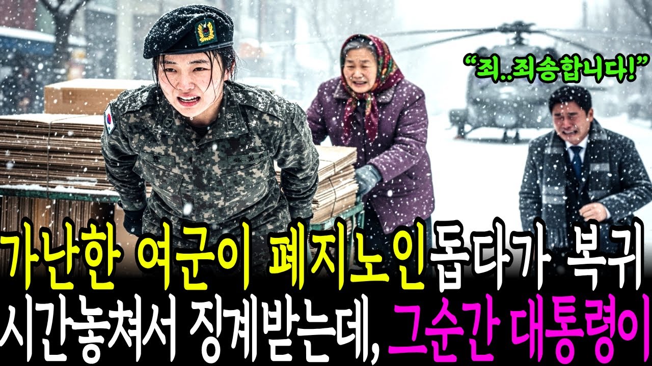 가난한여군이 폐지줍던 할머니를 돕다가 복귀시간 놓쳐 징계받았는데, 그순간 대통령이 헬기타고찾아와 무릎꿇고 오열했습니다.