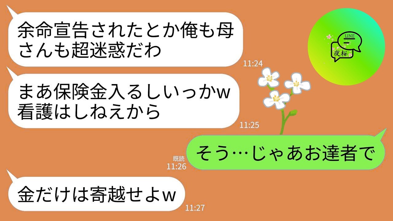 【LINE】余命宣告されたと義家族に告げると義家族が大喜び。夫「保険金で家買うわw」義母「看護はしないわよw」→宣告されたのは私じゃないけど黙って家を出た結果www