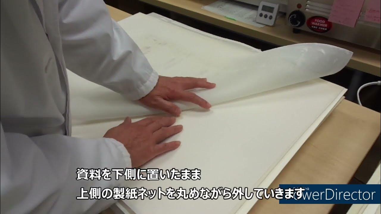 製紙ネットからすきばめ後の資料を取り外す（Removing the paper after leafcasting from