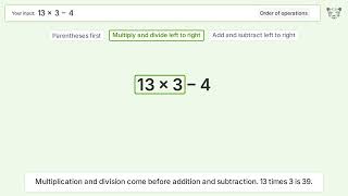 Order of Operations: Solve 13(3)-4 step-by-step solution