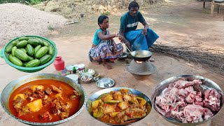 authentic GOAT MEAT curry recipe village mother father and POINTED GOURD POTATO cooking and eating
