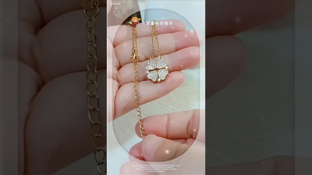 `8k Gold Plated Stainless Steel Zircon Magnetic Folding Four Heart Clover Pendant Necklace for women