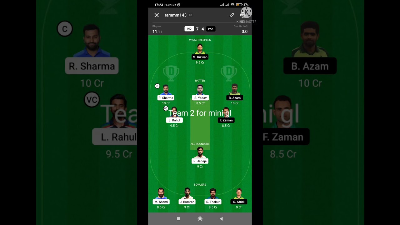 IND vs PAK Dream11 team | Small league & mini gl | 