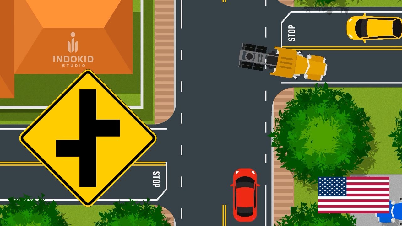 Traffic Signs | Road Signs Animation USA | Warning Signs Of Offset Side Road Intersection