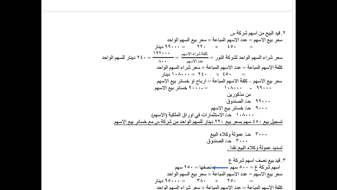 المحاسبة المالية ( المتوسطة ) الاستثمارات في اوراق الملكية /  الاسهم  / التمرين العاشر