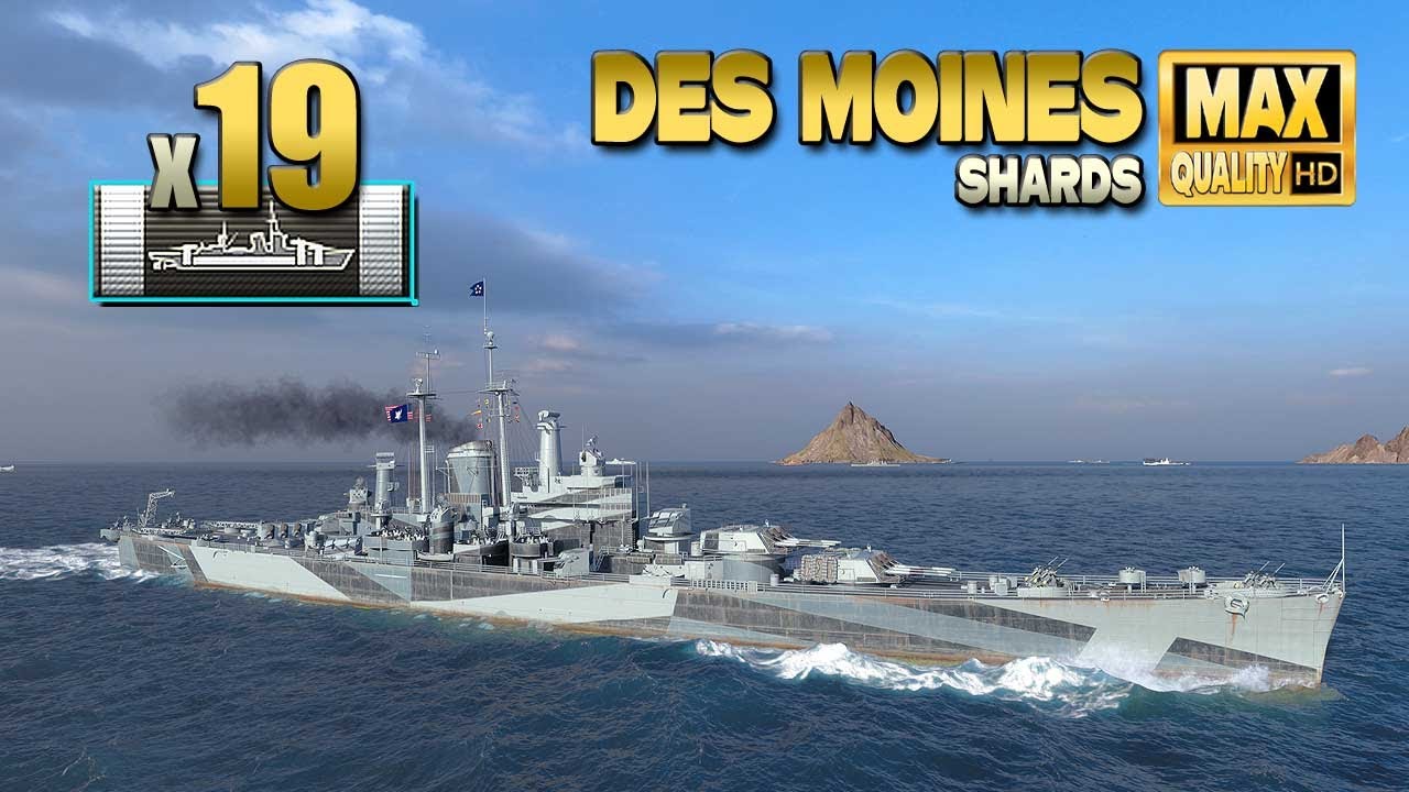 Крейсер «Де Мойн»: отличная игра с базовым опытом в разрешении 4k на карте Shards — World of Warship