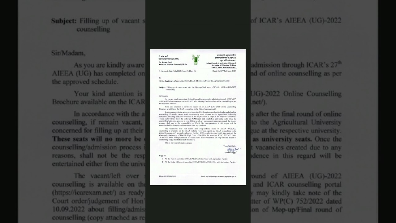 UG vacant seats after the mop up Round/ final round of icar 's AIEEA UG - 2022 . icar official 2022