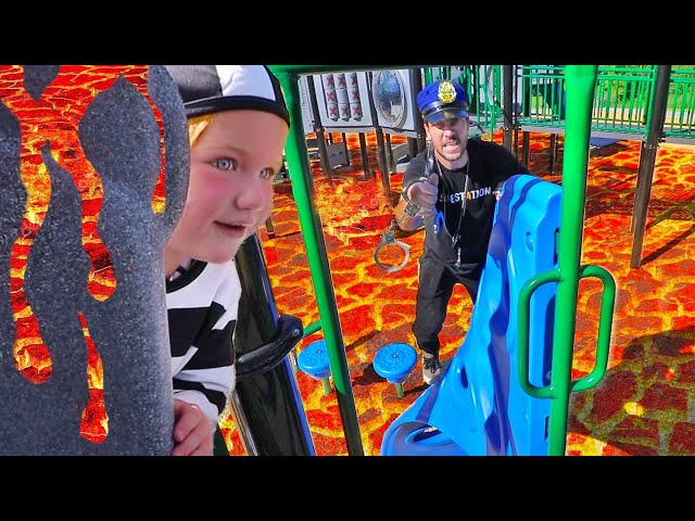 COPS vs ROBBERS - THE FLOOR IS LAVA CHALLENGE and PRISON ESCAPE at the Park! (new game with dad) class=