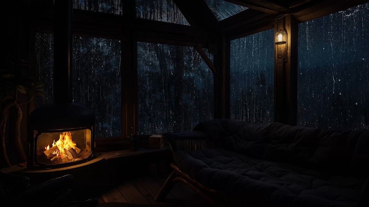 Soft Rain and Fireplace at Cozy Night Retreat | Stress Relief and Sleeping Cabin Ambience