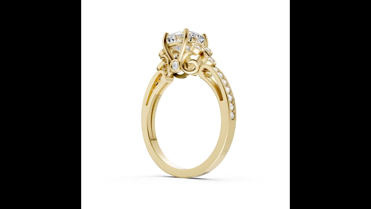Cushion Cut Diamond With Bezel Cluster & Scroll Gallery Ring