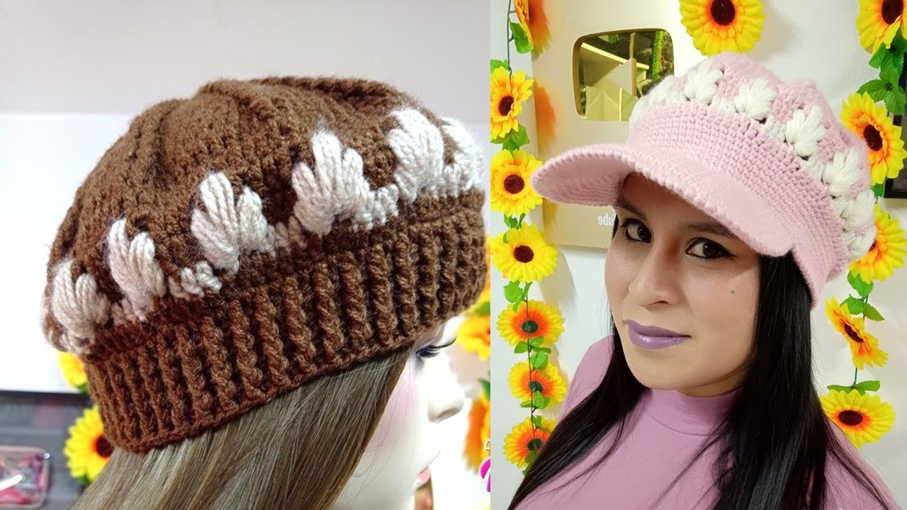 Como tejer Boina N° 27 a crochet para bebes, niñas y mujer en punto Espiral  en relieves con Flor 