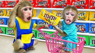 KiKi Monkey go shopping Mixing M&M's Chocolate Candy and Watermelon Ice Cream | KUDO ANIMAL KIKI