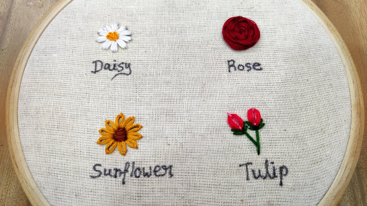 4 type of flowers embroidery, Basic embroidery stitches for beginners