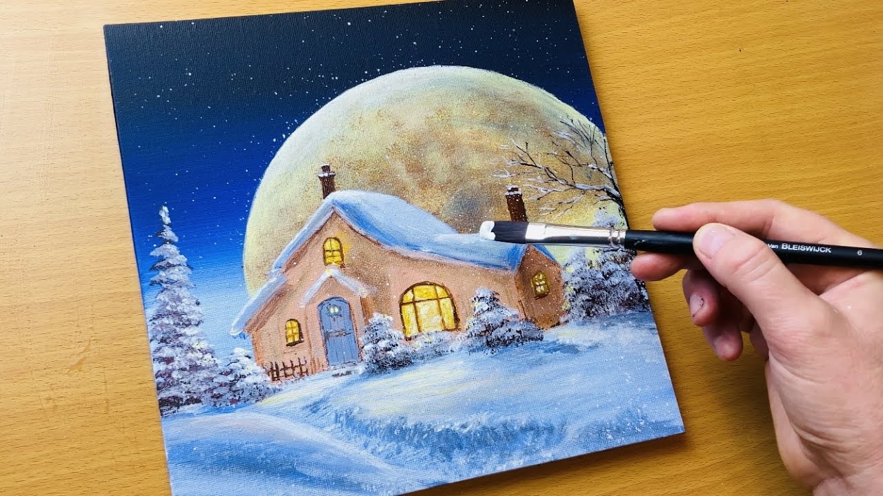 How to Paint Winter Scene and Full Moon / Acrylic Painting for