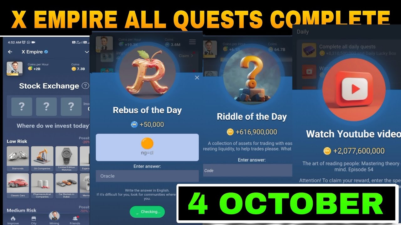 4 October All Quests Code X Empire | Youtube Video Code | Rebus Of The ...