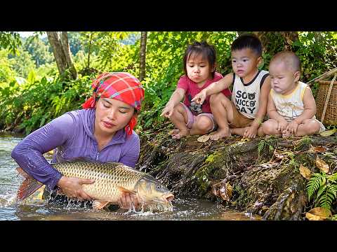 Harvesting Huge Stream Fish by Hand with Single mom | Making Smoked Fish to Preserve for Long-term