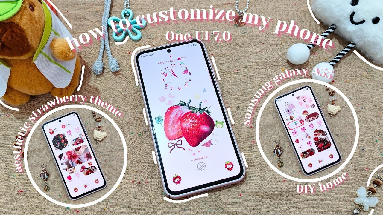 how to customize my phone (Samsung)🍒| step-by-step, aesthetic strawberry theme, One UI 7.0🍓⚘️