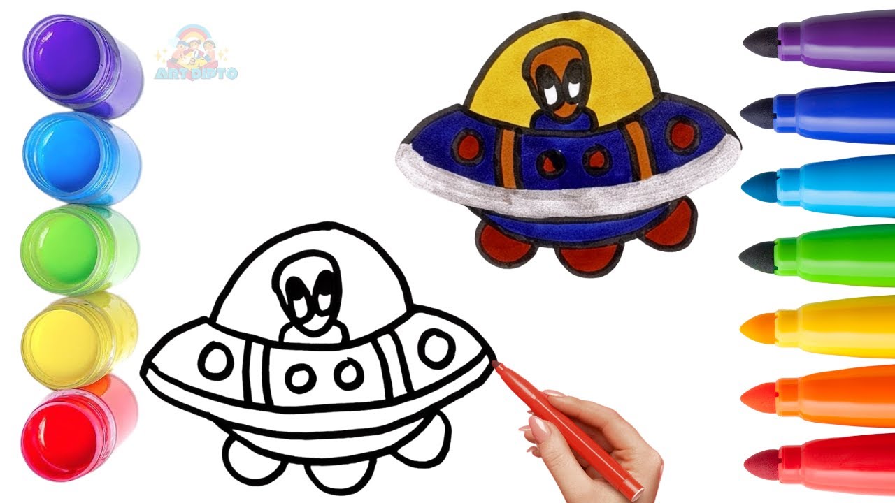 Как нарисовать милого мультяшного пришельца НЛО. Рисование, раскрашивание и раскрашивание для дет...