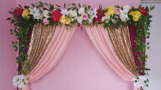 DIY_ Engagement Backdrop |WEDDING BACKDROP |peach sequin and maroon | Flower Arrangement