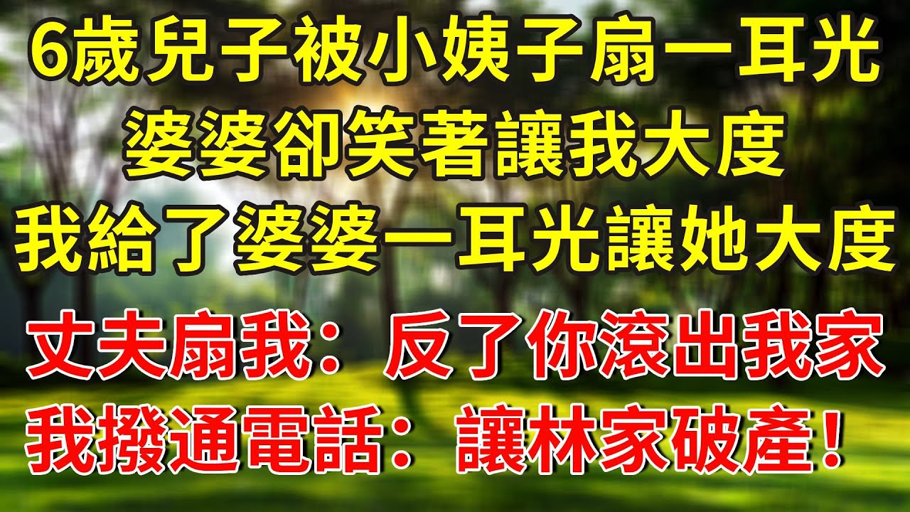 6歲兒子被小姨子一耳光扇出血，婆婆卻笑著讓我大度，我直接給了婆婆一耳光讓她大度，丈夫扇我：反了你 滾出我家，我轉身簽離婚協議撥通電話：讓林家破產！婆家當場懵逼！#生活經驗 #人生感悟 #故事分享