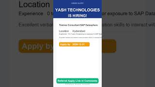 Yash Technologies | Trainee Consultant – SAP Datasphere | Off Campus 2026 | Apply Now | Hyderabad
