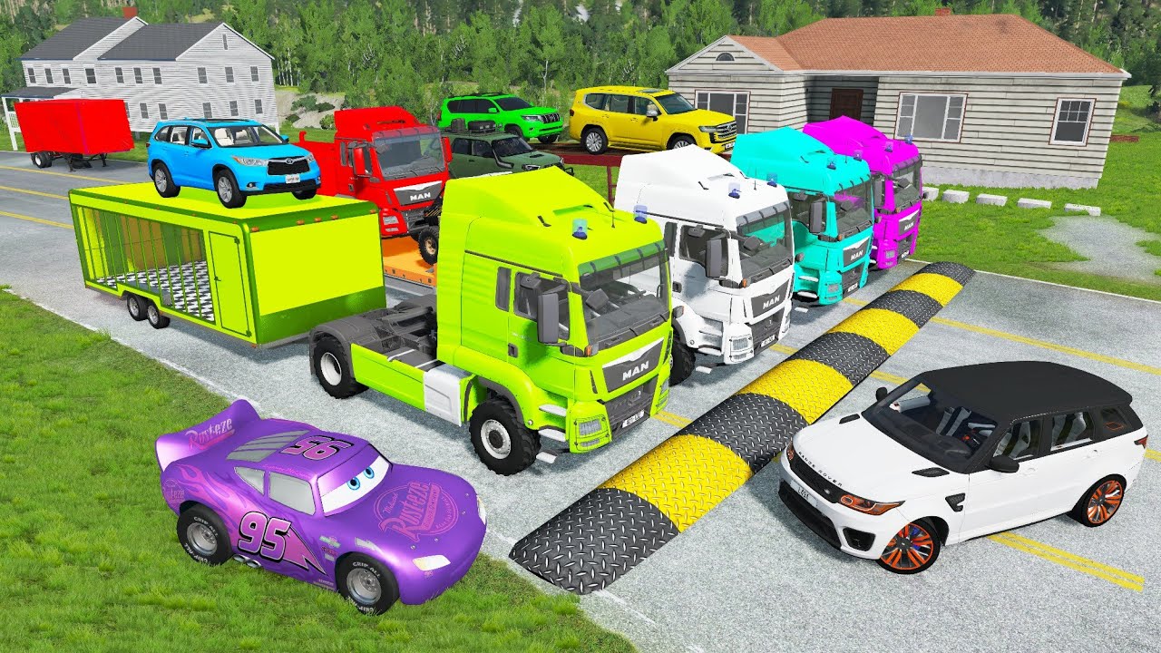 Flatbed Truck McQueen | Transportation with Truck - Pothole vs Car #83 | BeamNG.Drive Gameplay