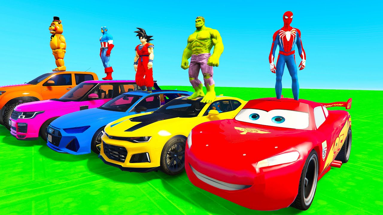 صورة فيديو : SPIDERMAN McQueen Ramp Challenge JUMP ! SUPERHERO HULK IronMan Goku Mack Truck Disney Cars 3 – GTA V