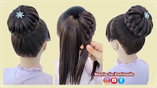 Penteado Rápido e Fácil com Coque Trançado🥰| Quick &amp; Easy Braid Bun Hairstyle for Girls 😍💕