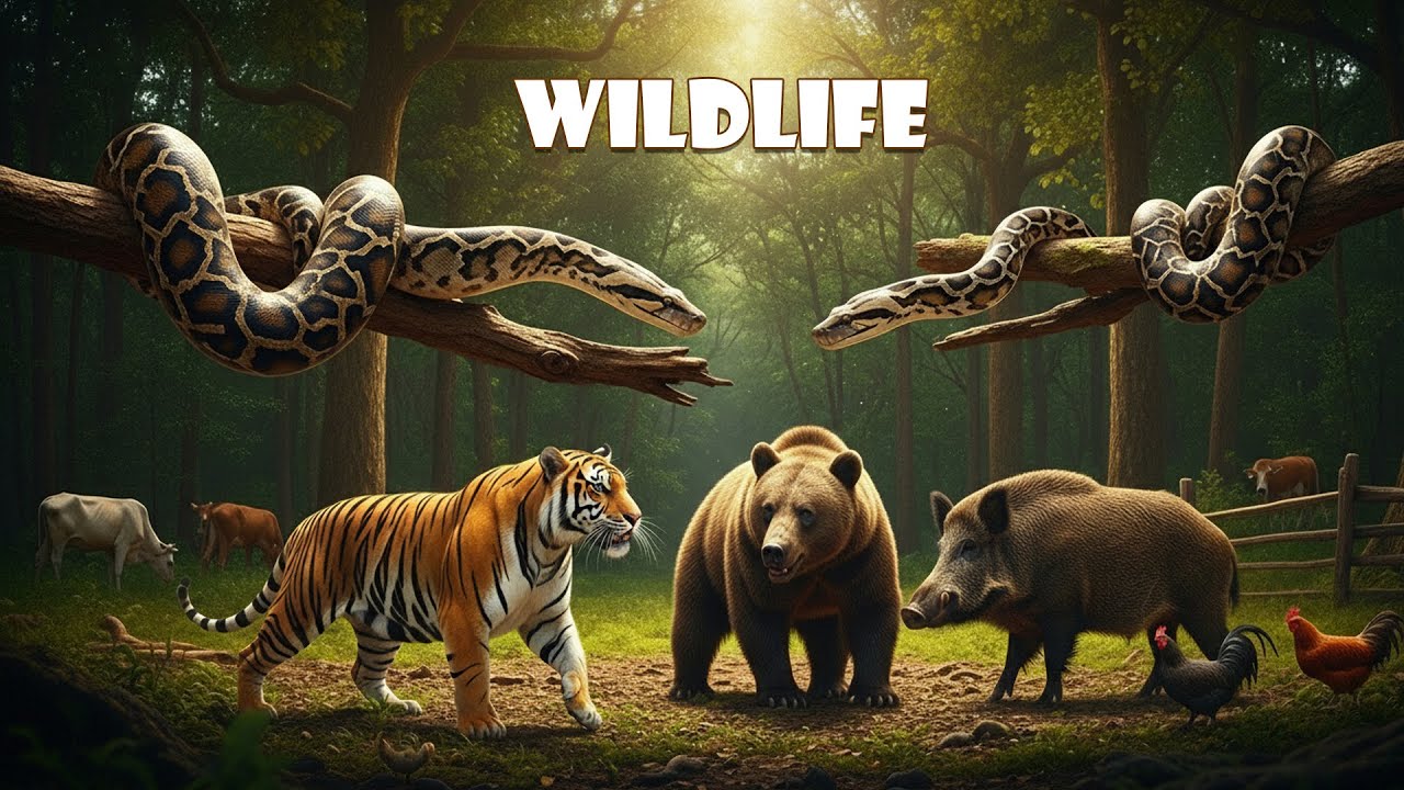 Wildlife Film 4K - Python, Snake, Tiger, Bear & Wild Boar - Farm Animal Sounds
