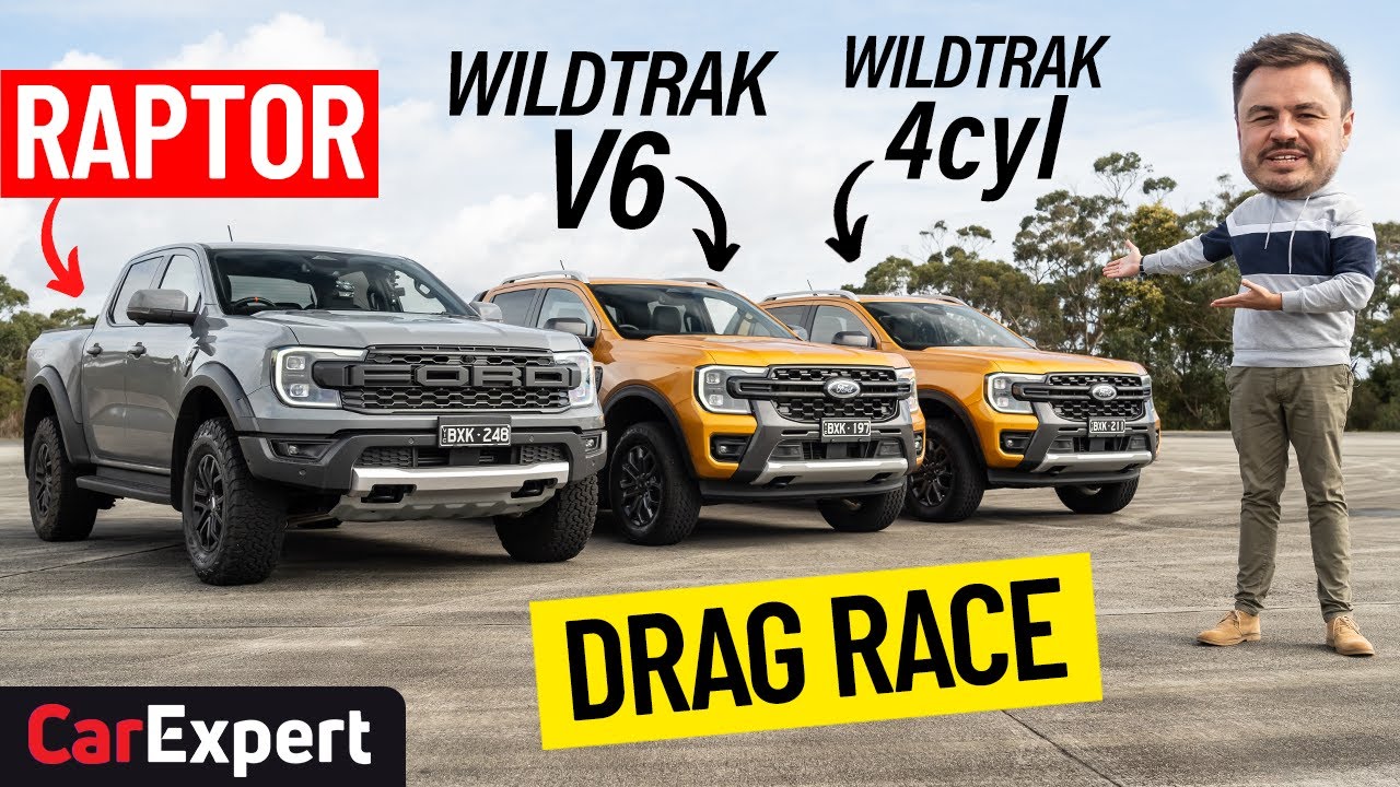 Ford Ranger Raptor v Wildtrak V6 v Wildtrak 4cyl Dragparison: Drag race, sound test & 0-100!