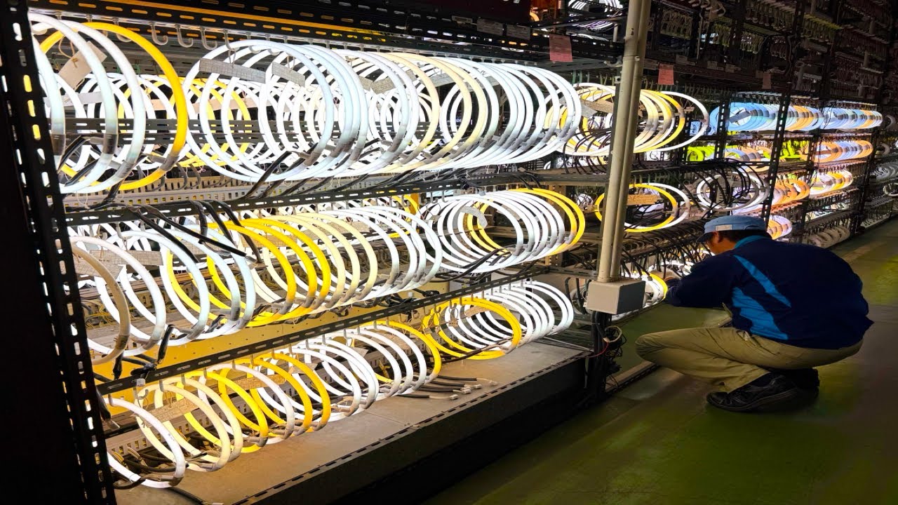 Процесс массового производства японских круглых люминесцентных ламп. Старая фабрика ламп в Японии.