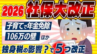 【超速報!】3月31日に106万円の壁が事実上解消。2026年 社会保険の大改正5選。年金免除新制度ほか【個人事業主・会社員/独身税・子育て/国民健康保険料の上限/交通費値上げ・通勤手当/20時間】