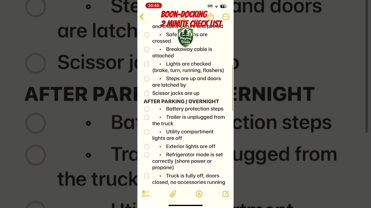 Boon-docking 2 minute check list