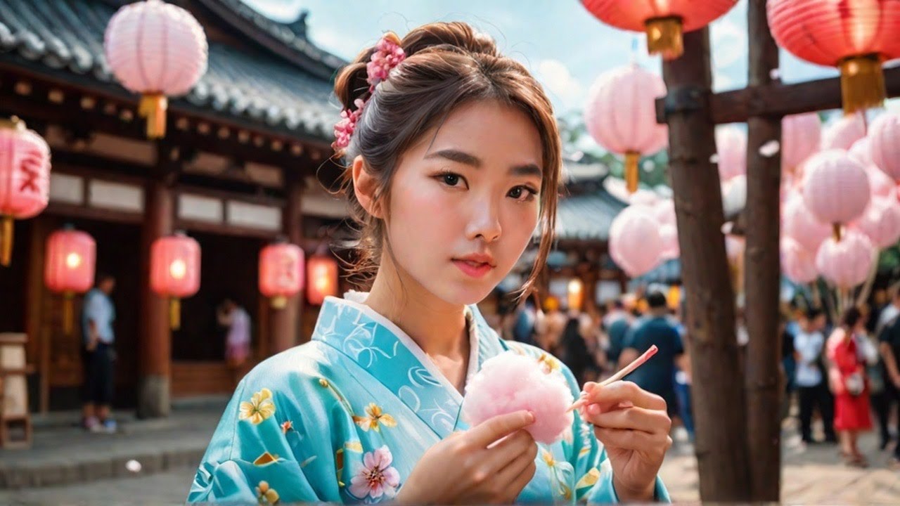 18歳の美人が神社のお祭りで浴衣を着て綿菓子を食べる