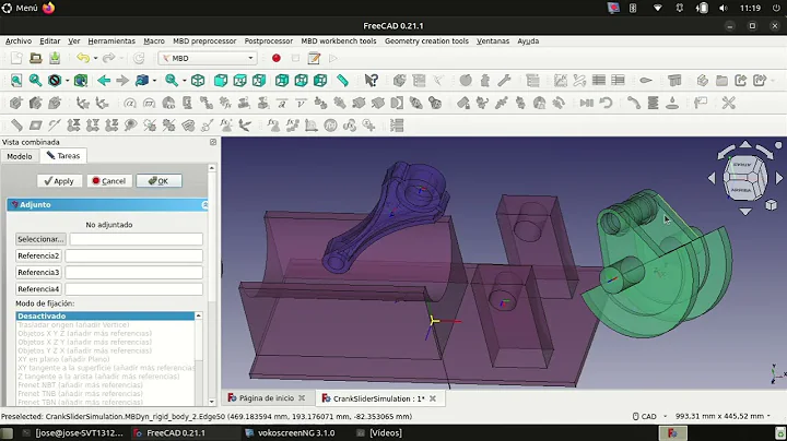 FreeCAD + MBDyn crank slider assembly and simulation