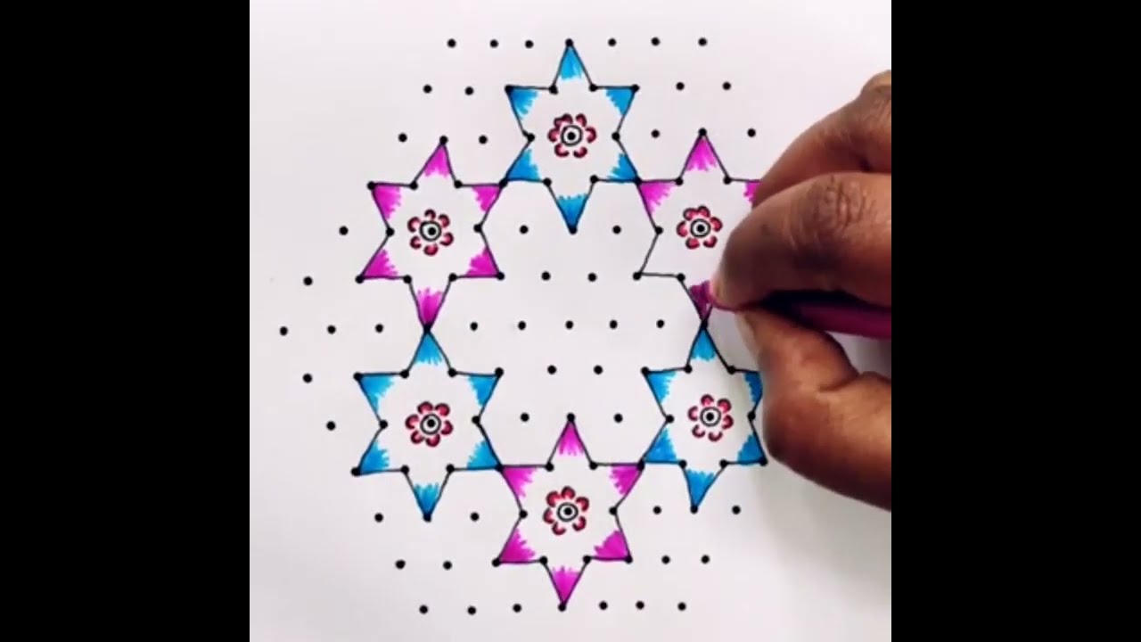 Very easy and beautiful rangoli design 🌺13*7 dot simple Mogudu 🌺 colour kolangal 🌺 star Kolam 